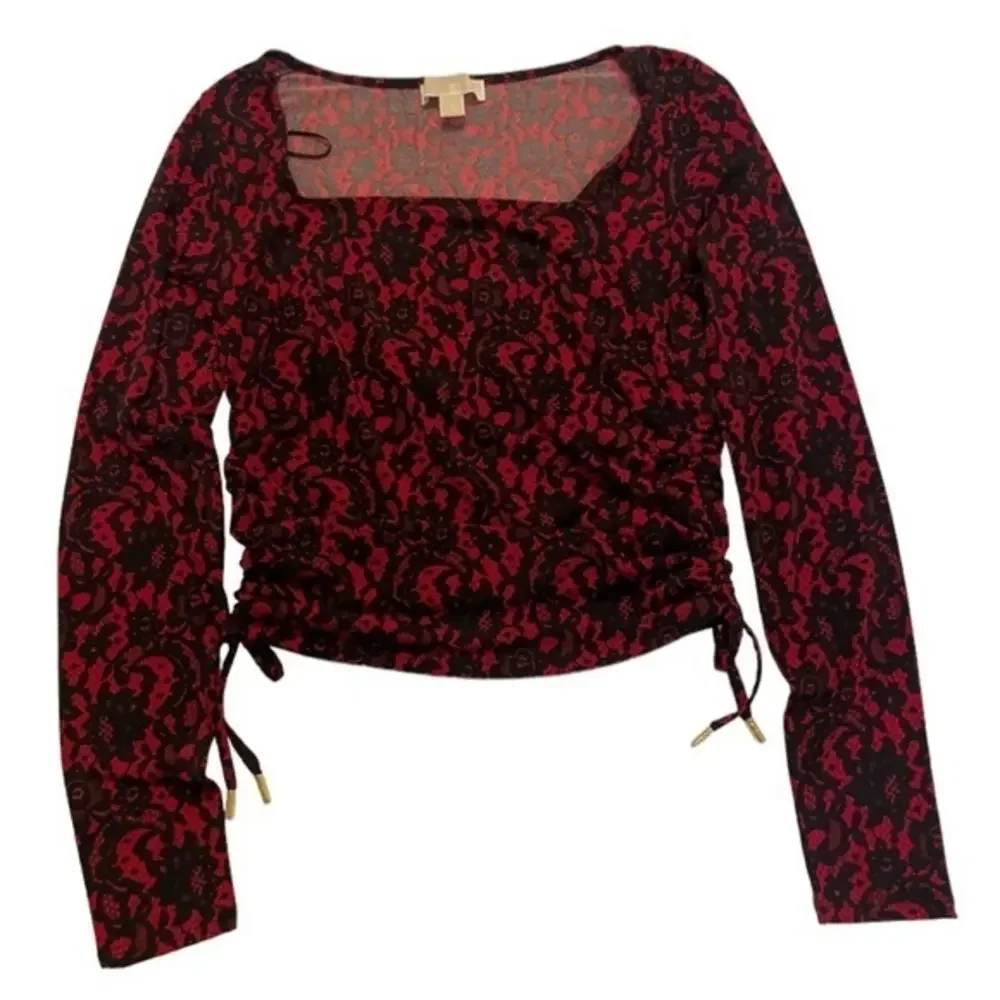 Michael Kors Red Black Floral Lace Print Cinched Side Square Neck‎ Top Small